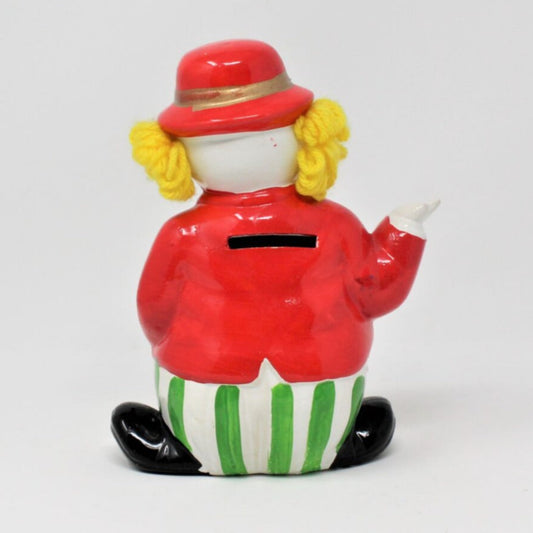 Coin Bank, Clown with Bowler Hat & Yarn Hair, Ceramic, Vintage