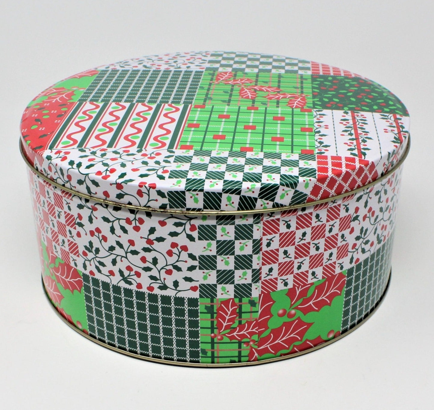 Tins, Gift Tin / Cookie Tin, Christmas Quilter's Patchwork, Round, Vintage
