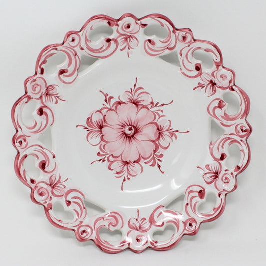 Decorative Plates, Hand Painted Portugal Pink Flowers, Reticulated, Set of 4, Vintage