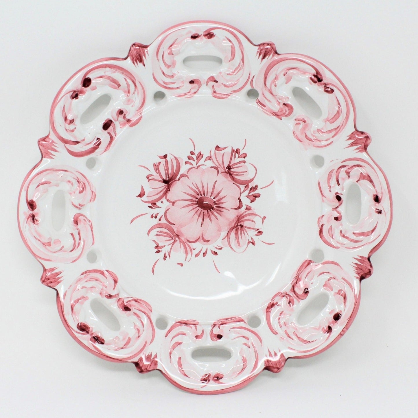 Decorative Plates, Hand Painted Portugal Pink Flowers, Reticulated, Set of 4, Vintage