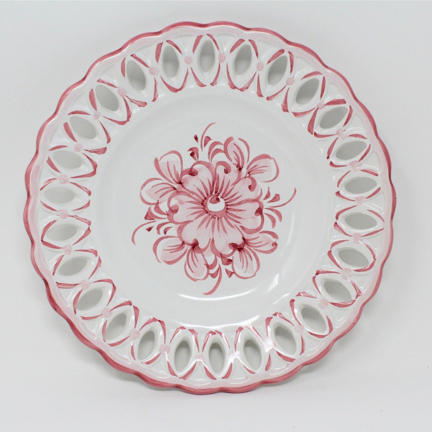 Decorative Plates, Hand Painted Portugal Pink Flowers, Reticulated, Set of 4, Vintage