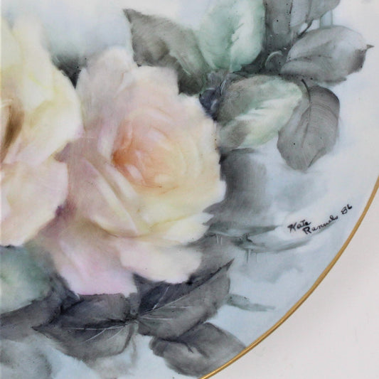 Decorative Plate, White / Yellow Roses, Hand Painted, Vintage 1986