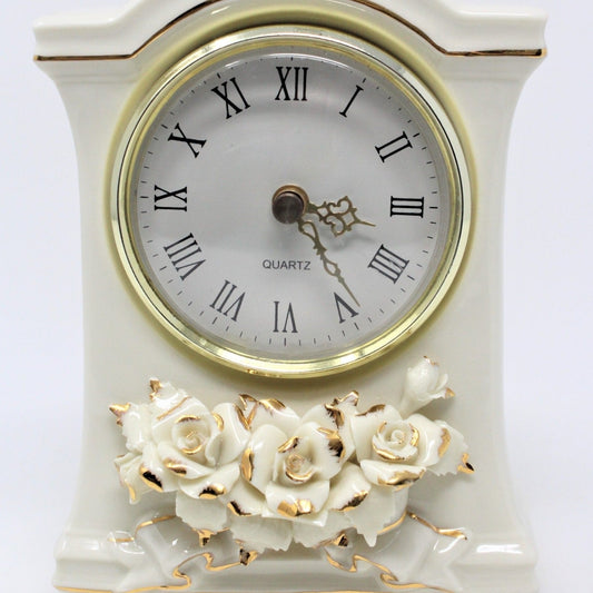 Clock, Avon, Winter Rose, Ivory Porcelain Mantel Clock, SOLD