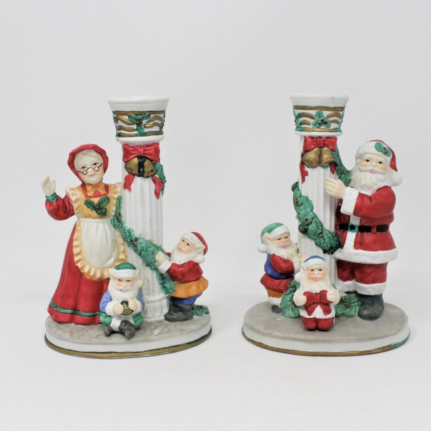 Candle Holders, Santa & Mrs. Claus with Elves, Porcelain, Vintage, SOLD