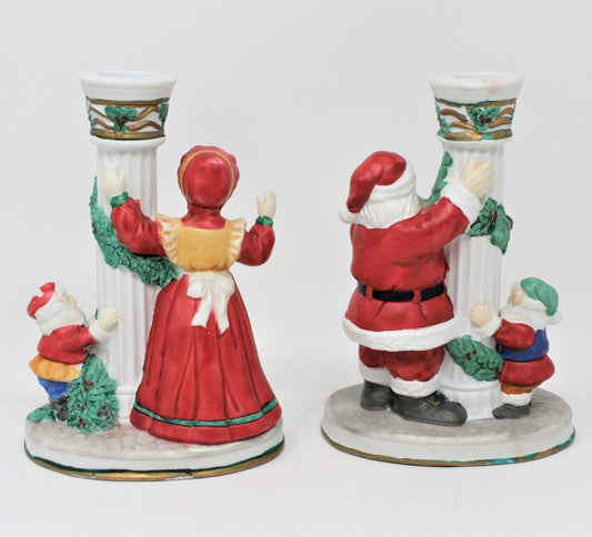 Candle Holders, Santa & Mrs. Claus with Elves, Porcelain, Vintage, SOLD
