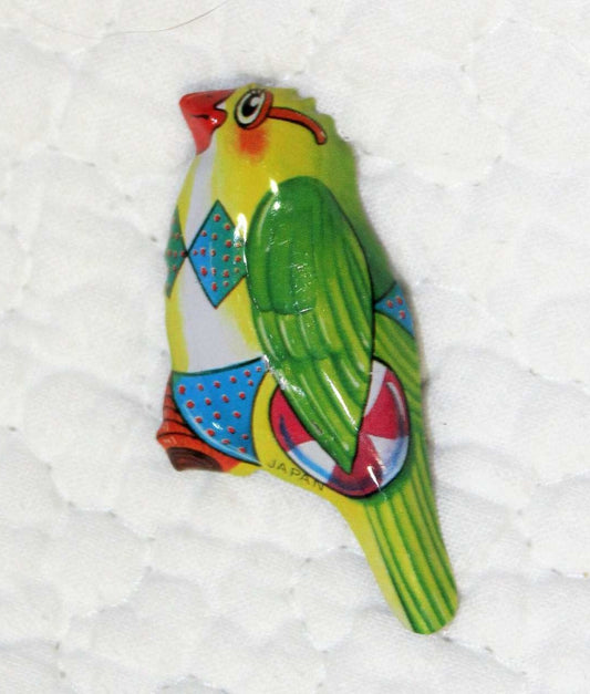 Pin, Tin Lithograph Anthropomorphic Bikini Bird, Original, Vintage