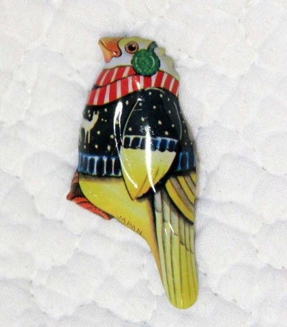 Pin, Tin Lithograph Anthropomorphic Bird in Sweater, Original, Vintage