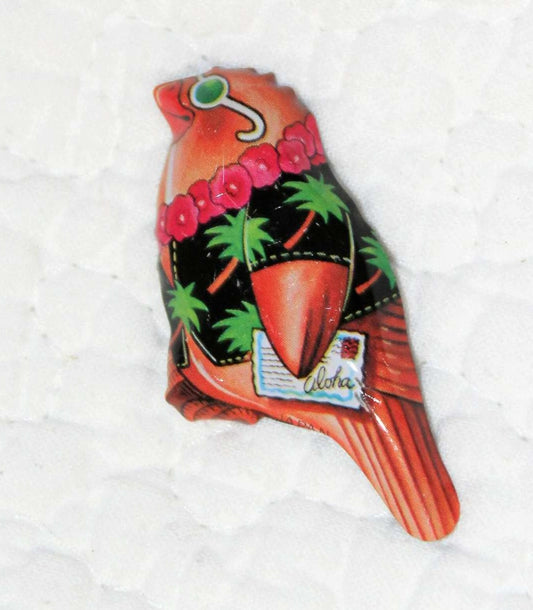 Pin, Tin Lithograph Anthropomorphic Hawaiian Shirt Bird, Original, Vintage