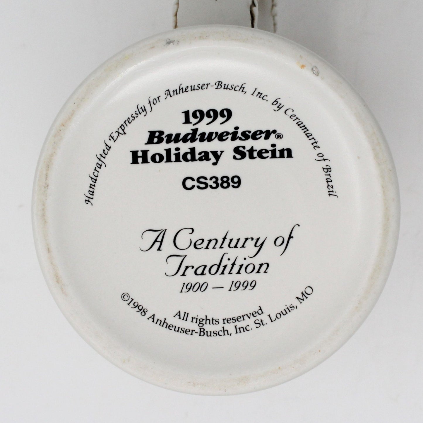 Beer Mug, Budweiser 100th Anniversary Holiday, A Century of Tradition 1999