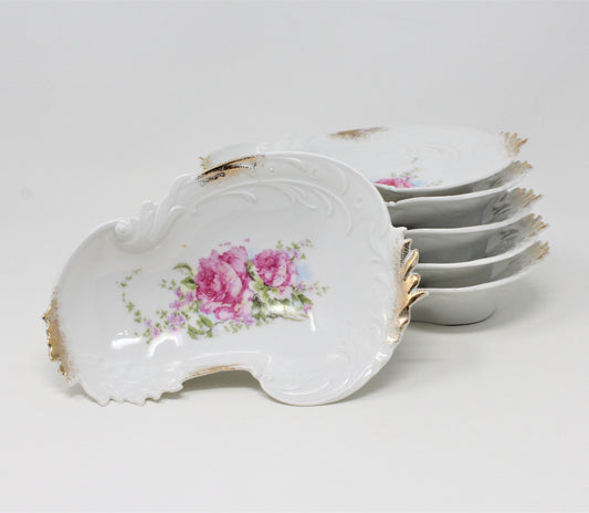Vintage Bone Dishes, Set of 6 German Porcelain Bavaria, Pink Roses Pattern with Brushed Gold.  Romantic Elegant Tableware, Collectibles