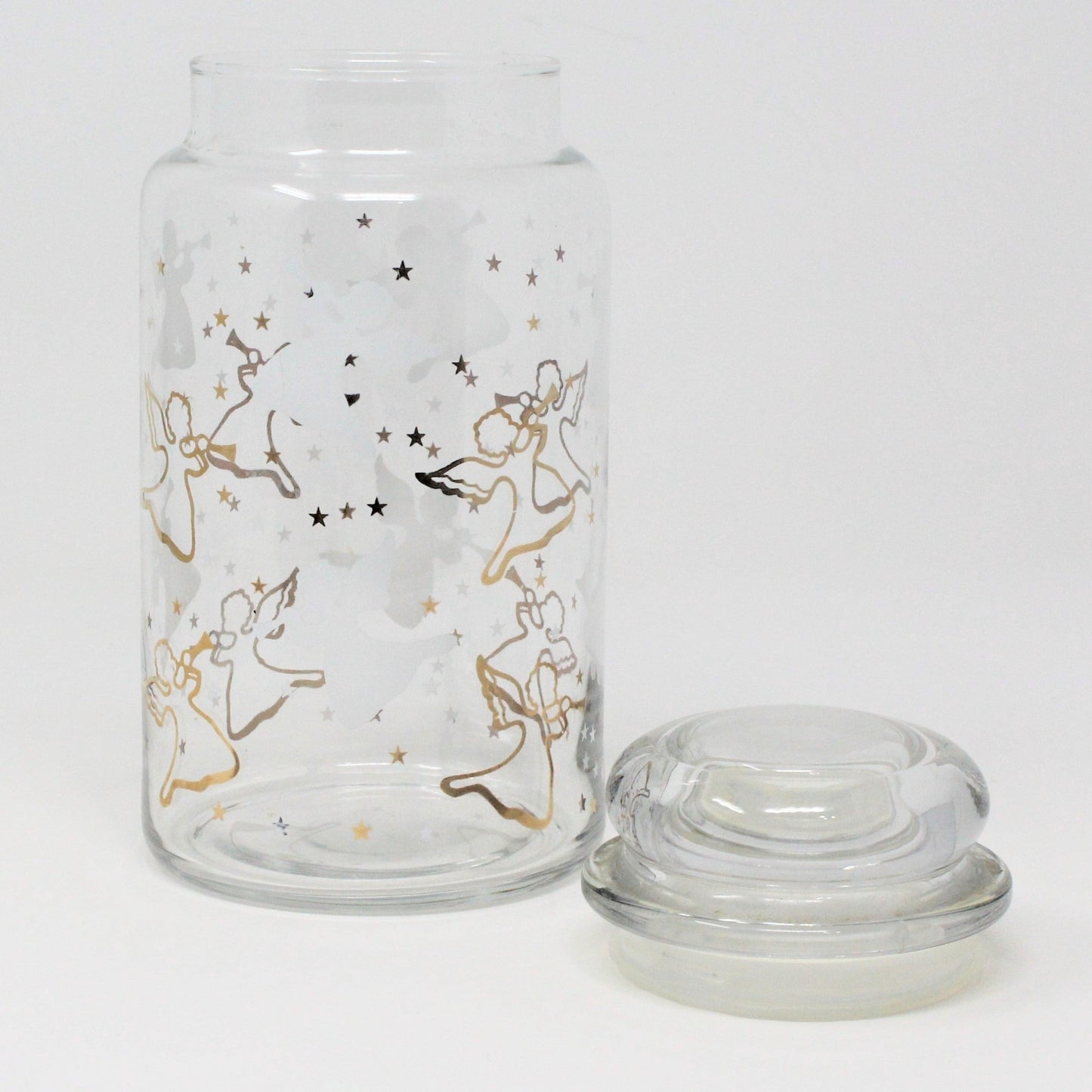 Canister, Anchor Hocking, Glass Apothecary Jar w/Lid, Herald Angels Gold & White, Vintage