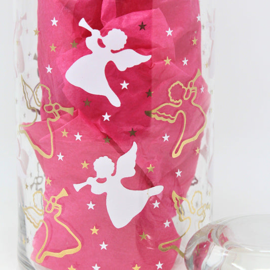 Canister, Anchor Hocking, Glass Apothecary Jar w/Lid, Herald Angels Gold & White, Vintage