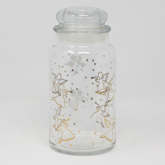 Canister, Anchor Hocking, Glass Apothecary Jar w/Lid, Herald Angels Gold & White, Vintage