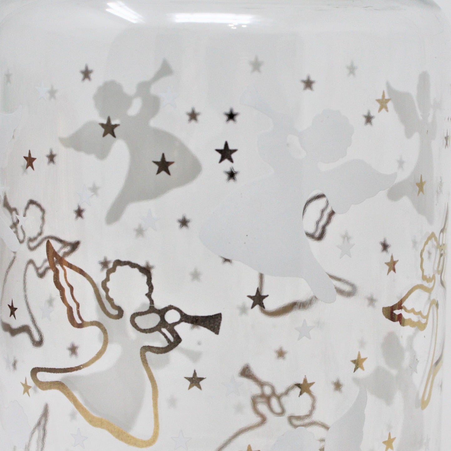 Canister, Anchor Hocking, Glass Apothecary Jar w/Lid, Herald Angels Gold & White, Vintage