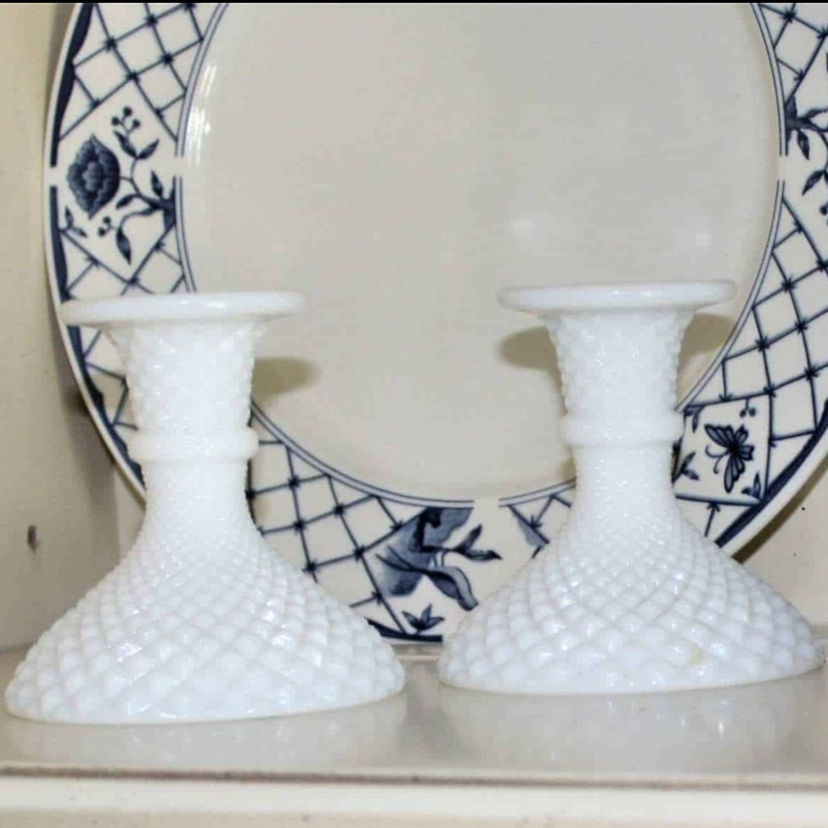 Candle Holders, Westmoreland, English Hobnail, Milk Glass, Vintage Set of 2