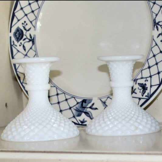 Candle Holders, Westmoreland, English Hobnail, Milk Glass, Vintage Set of 2