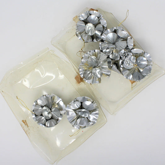 Ornaments, Atomic Foil Christmas Pompoms, Silver, Vintage, Set of 6, in Box