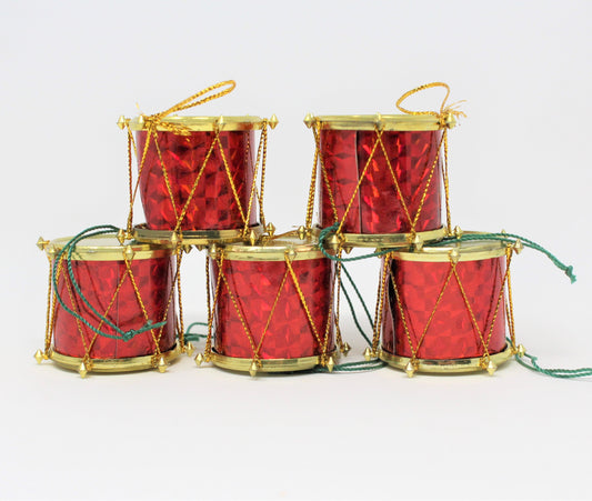 Ornaments, Mini Drums, Red & Gold, Vintage Christmas, Set of 5