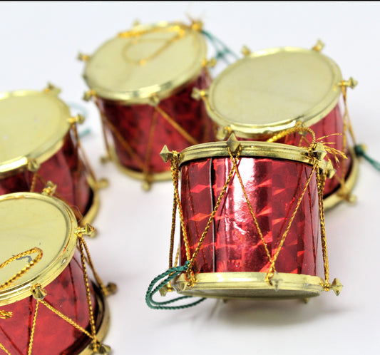 Ornaments, Mini Drums, Red & Gold, Vintage Christmas, Set of 5