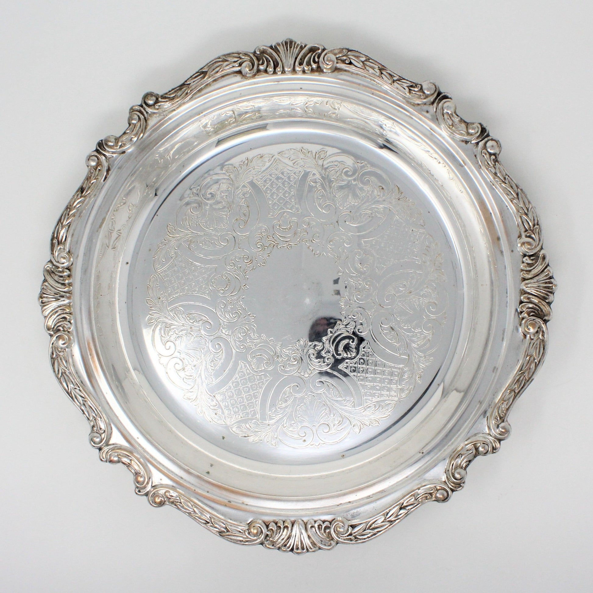 Vintage Ornate Buffer Serving Tray, Silverplated Footed Pie Plate, Deep Sheridan English Scroll Pattern