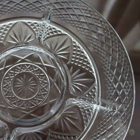 Divided Serving Tray, Luminarc, Antique Pattern, Diamond & Palm, 5-Section, Clear Pressed Glass, France, Vintage 1970s