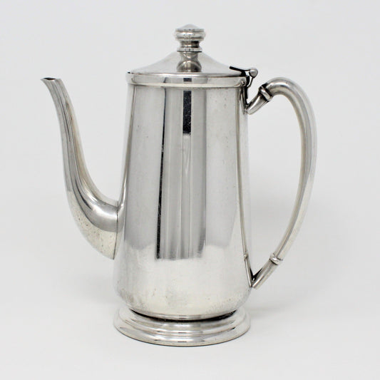 A vintage stainless steel coffee pot with a long spout and handle, standing upright against a white background.