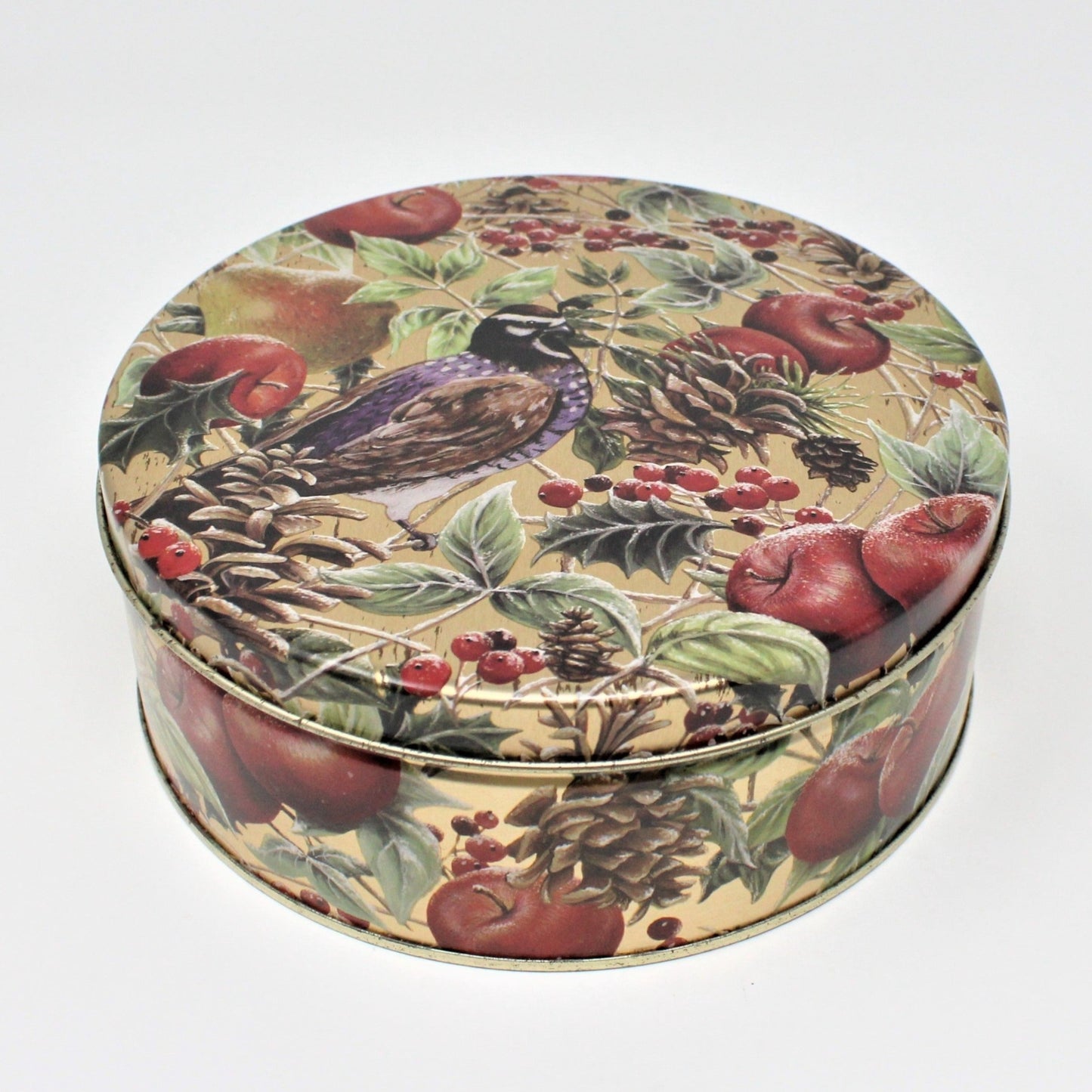 Tins, Gift Tin / Cookie Tin, Holiday Partridge on a Pear Tree, Round, Vintage