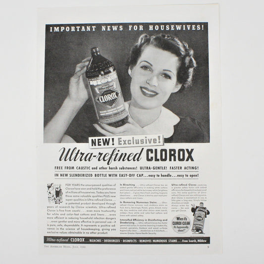 Advertisement, Clorox, 1940, Original Magazine Ad, Vintage