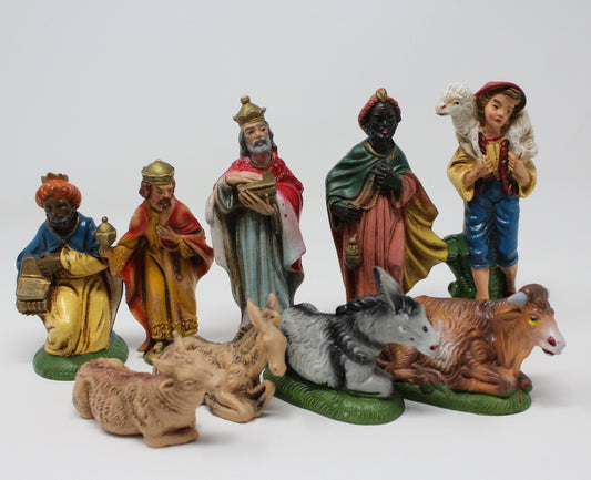 Figurines, Lot of Hard Plastic Christmas Nativity Figurines, Green Base Italy, 9 pcs, Vintage