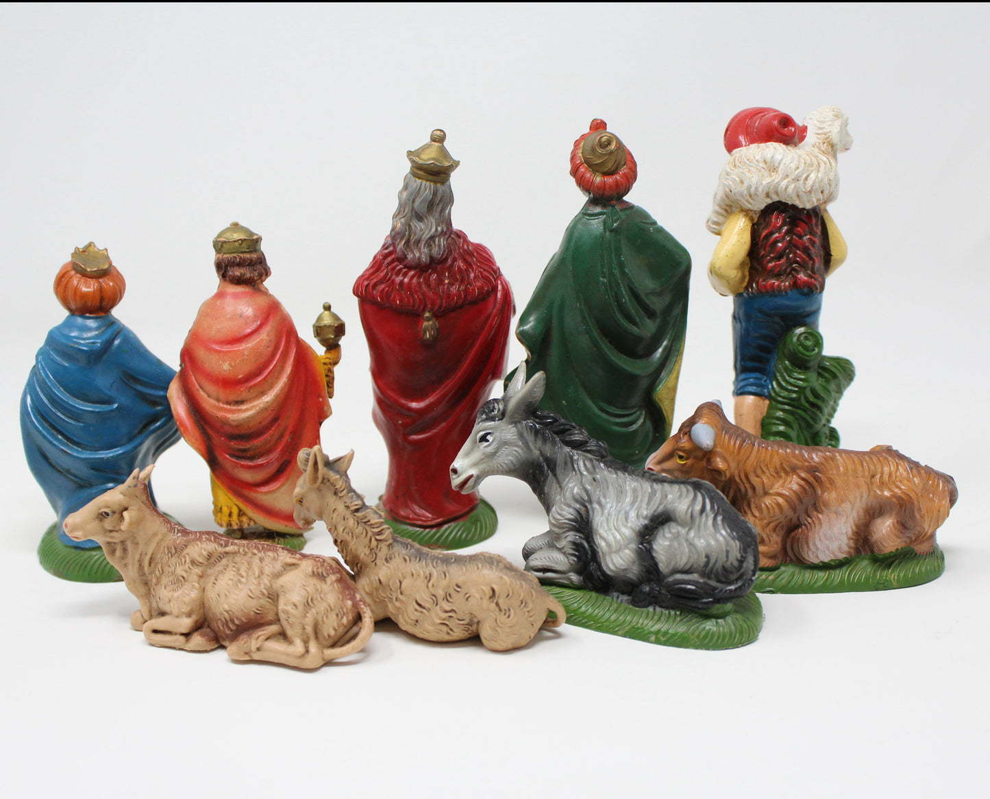 Figurines, Lot of Hard Plastic Christmas Nativity Figurines, Green Base Italy, 9 pcs, Vintage