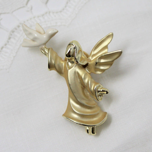 Brooch / Pin, Gigi Giusti, Angel with Dove, Gold Tone & Enamel