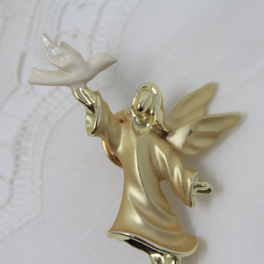 Brooch / Pin, Gigi Giusti, Angel with Dove, Gold Tone & Enamel, SOLD