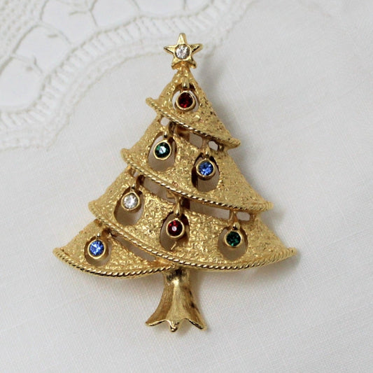 Brooch / Pin, JJ Jonette Christmas Tree, Gold Tone, Vintage
