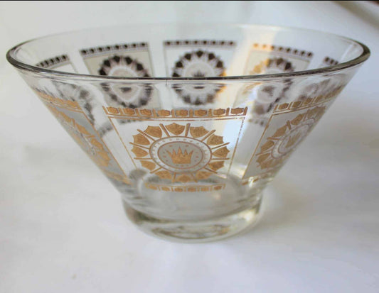 Bowl, English Crown and Shields, MCM Frosted Glass and Gold, Vintage