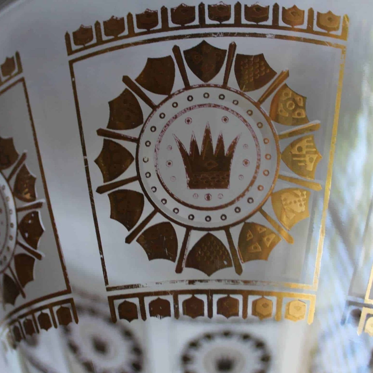 Bowl, English Crown and Shields, MCM Frosted Glass and Gold, Vintage