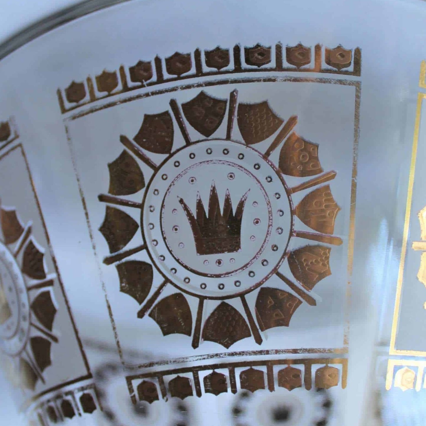 Bowl, English Crown and Shields, MCM Frosted Glass and Gold, Vintage