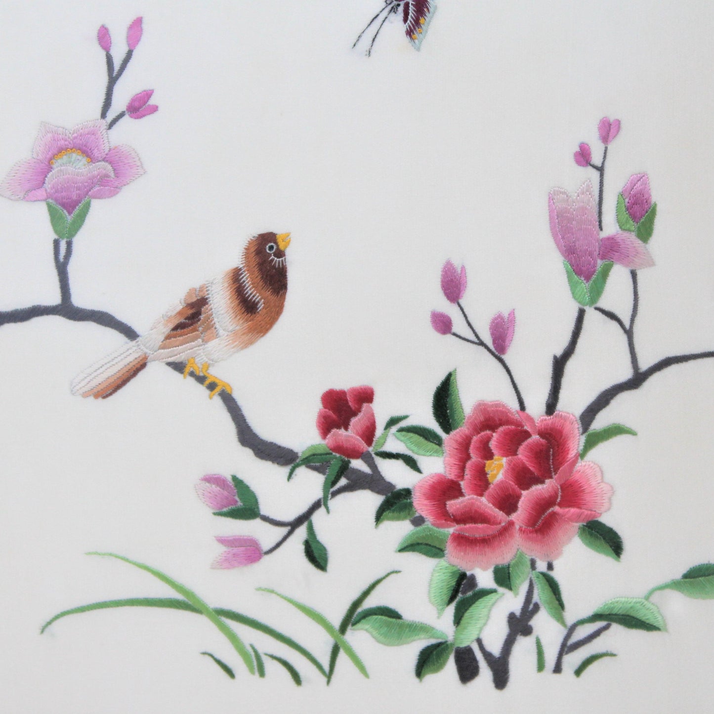Needlework, Oriental Silk Embroidery, Bird & Floral, Framed, Vintage