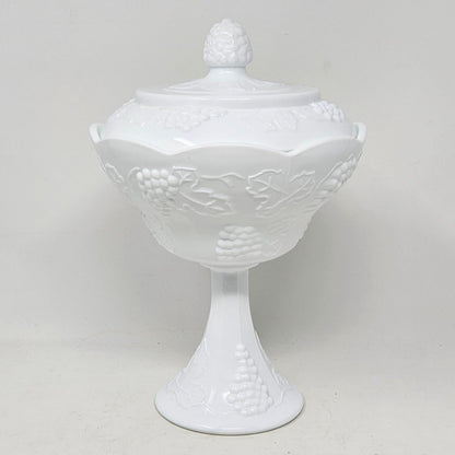 Compote / Wedding Bowl with Lid, Colony Harvest Milk Glass, Embossed Grapes, Vintage