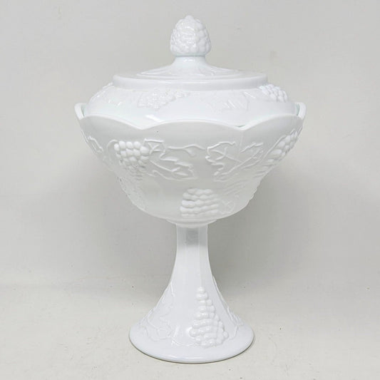 Compote / Wedding Bowl with Lid, Colony Harvest Milk Glass, Embossed Grapes, Vintage
