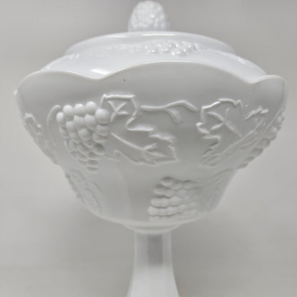 Compote / Wedding Bowl with Lid, Colony Harvest Milk Glass, Embossed Grapes, Vintage