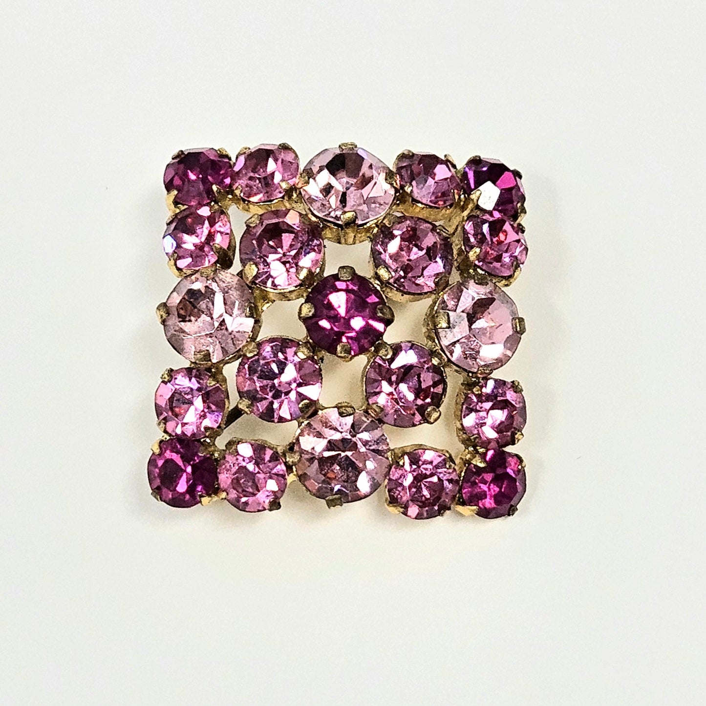 Brooch / Pin, Austrian Crystal Pink Rhinestones, Prong Set, Square Brooch, Vintage, 1950's
