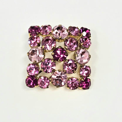 Brooch / Pin, Austrian Crystal Pink Rhinestones, Prong Set, Square Brooch, Vintage, 1950's