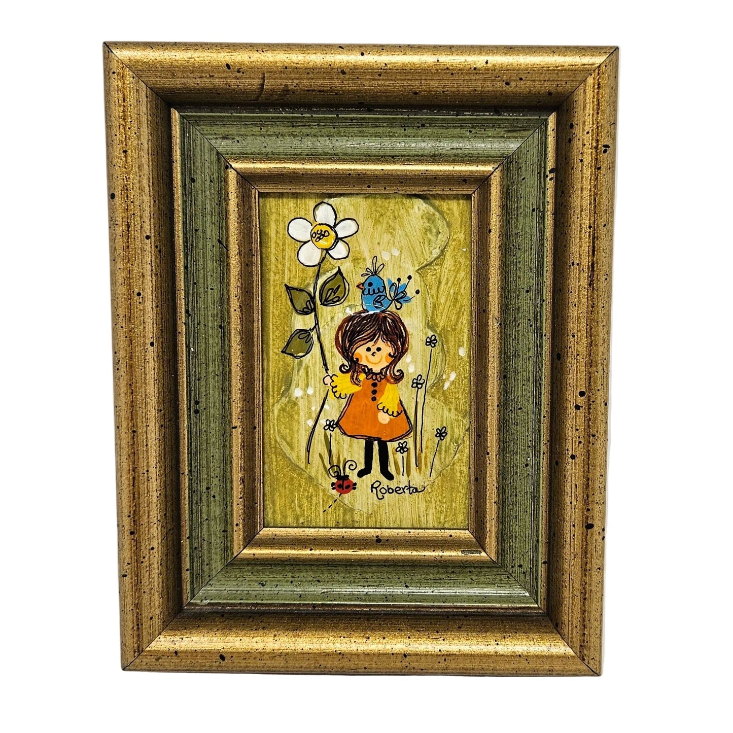 Painting, Roberta McDowell, Girl with Blue Bird and Flower, Original Plaque, Hand Painted, Signed, Vintage California 1970s