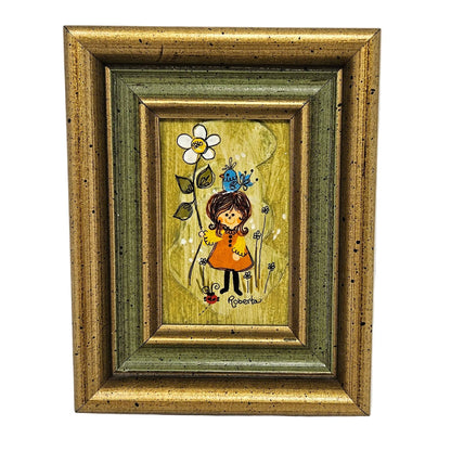 Painting, Roberta McDowell, Girl with Blue Bird and Flower, Original Plaque, Hand Painted, Signed, Vintage California 1970s