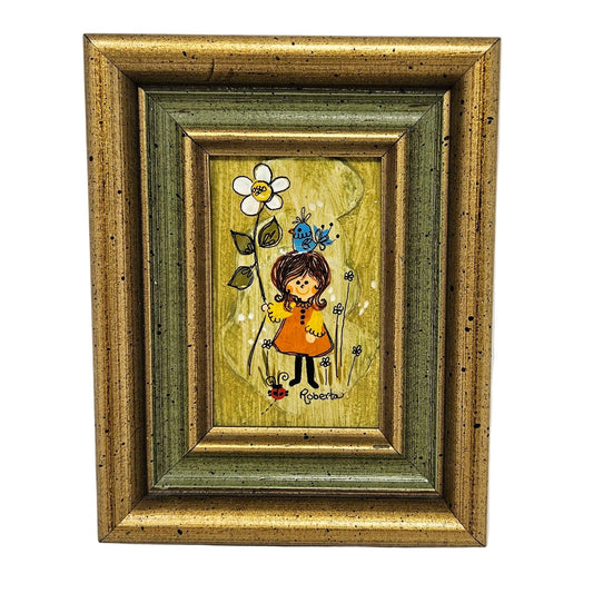 Painting, Roberta McDowell, Original Plaque, Girl with Blue Bird and Flower, Wood Framed, Vintage 1970's