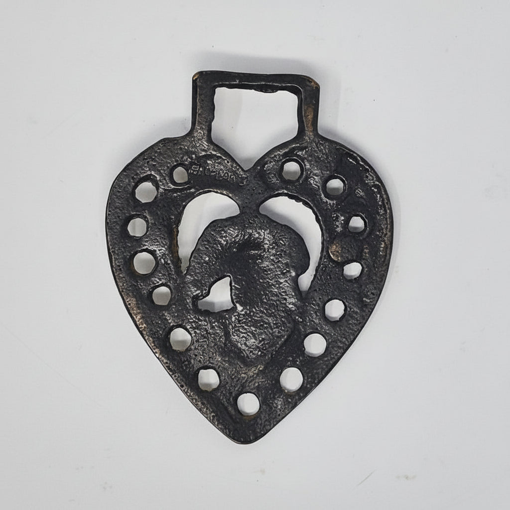 Horse Brass Bridle Medallion, Duchess of Devonshire Heart Design, Punched Border Equestrian Décor, England, 1920s–1940s