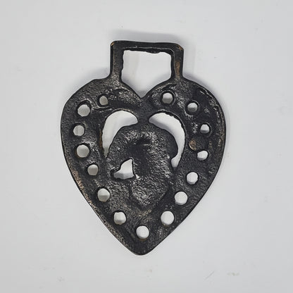 Horse Brass Bridle Medallion, Duchess of Devonshire Heart Design, Punched Border Equestrian Décor, England, 1920s–1940s