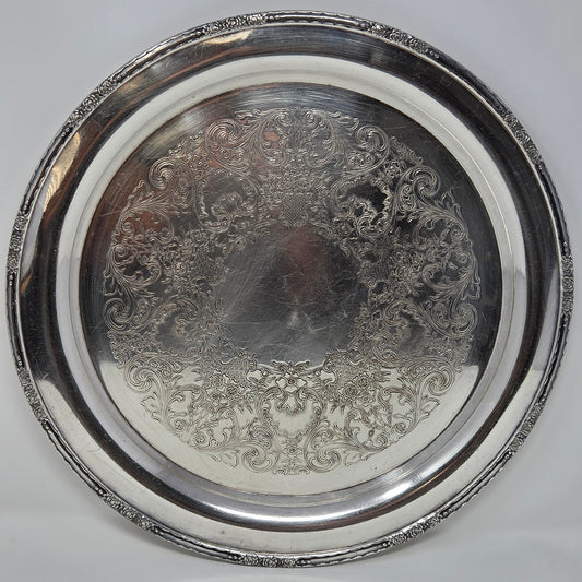 Tray, International Silver, Camille Pattern, Etched Floral Baskets & Scrolls, Silverplate, 15", Vintage c. 1971