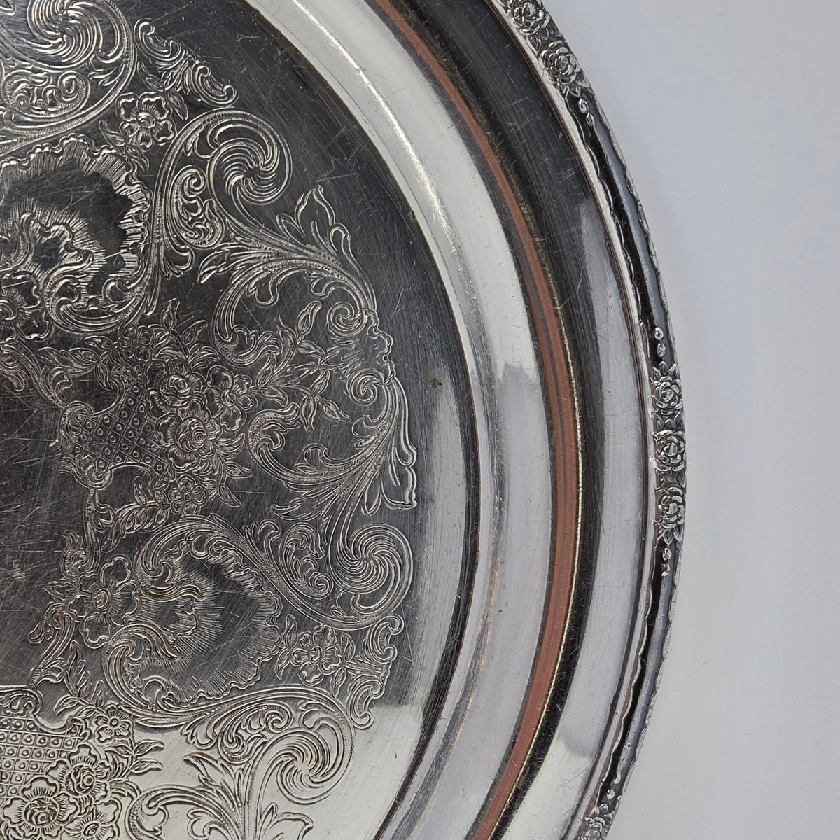 Tray, International Silver, Camille Pattern, Etched Floral Baskets & Scrolls, Silverplate, 15", Vintage c. 1971