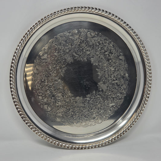 Tray, International Silver, Pattern #871, Rope Border, Etched Floral Basket, Silverplate, 12.25", Vintage 1970s